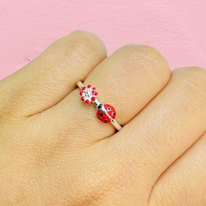 Anillo Vaquita de San Antonio con Flor Esmaltado Plata Italiana