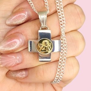Conjunto Cadena Groumet 60 y dije Cruz con Angel de la Guarda