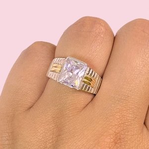 Anillo para Hombre con Piedra rectangular Blanco para Hombre Plata y Oro
