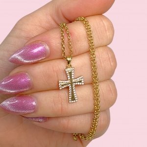 Conjunto Cadena Rolito y Dije Cruz con piedras de Oro 18k 