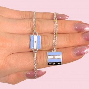 Conjunto Cadena Tourbillon y Pulsera Bandera de Argentina de Plata y Oro