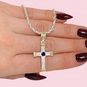 Cadena Hueco N1 con cubic Zafiro Cruz de Plata y Oro
