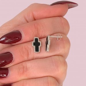 Aros Cruz Mini con Piedra Onix de Plata 925