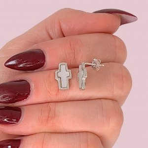 Aros Cruz Mini con Piedra Nácar de Plata 925
