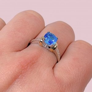 Anillo Selana solitario de compromiso AguaMarina de Plata y Oro