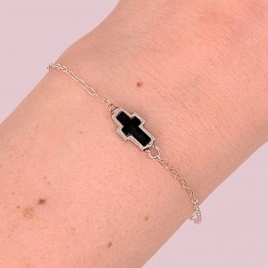 Pulsera Espejado 35 con Cruz Mini y Piedra Onix de Plata 925