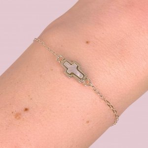 Pulsera Espejado 35 con Cruz Mini y Piedra Nácar de Plata 925