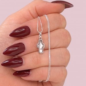 Conjunto Cadena Veneziana Fina y Dije Cruz Mini con Piedra Nácar de Plata 925