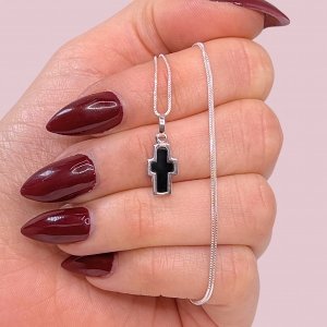 Conjunto Cadena Veneziana Fina y Dije Cruz Mini con Piedra Onix de Plata 925