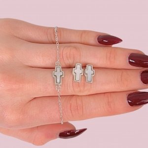 Conjunto Pulsera Espejado 35 y Aros con Cruz Mini y Piedra Nácar de Plata 925