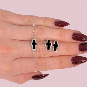 Conjunto Pulsera Espejado 35 y Aros con Cruz Mini y Piedra Onix de Plata 925
