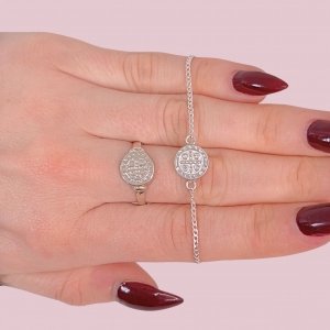 Conjunto Pulsera groumet y Anillo San Benito 10mm de Plata 925