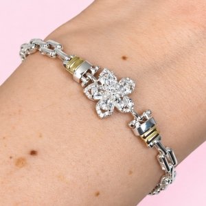 Pulsera Panter con Flor Margarita Cubic Blanco Plata y Oro