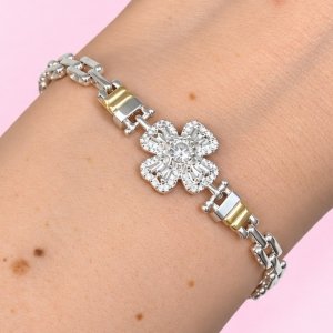 Pulsera Panter Trébol Blanco de Plata y Oro