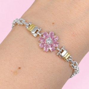 Pulsera Panter Flor Rosa con Blanco de Plata y Oro
