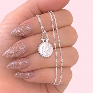 Conjunto Cadena Singapur Fino Brilloso y Dije Virgen Niña de Plata 925