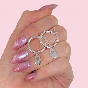 LIQUIDACIÓN Aros Argolla con Mano de fátima Acero Blanco