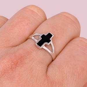 Anillo Cruz Mini con Piedra Onix de Plata 925