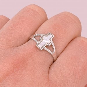 Anillo Cruz Mini con Piedra Nácar de Plata 925