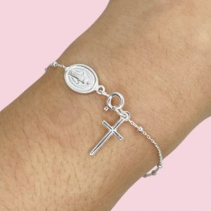 Pulsera Denario Dije Cruz fina y Virgen Milagrosa bolitas 2mm Plata Italiana